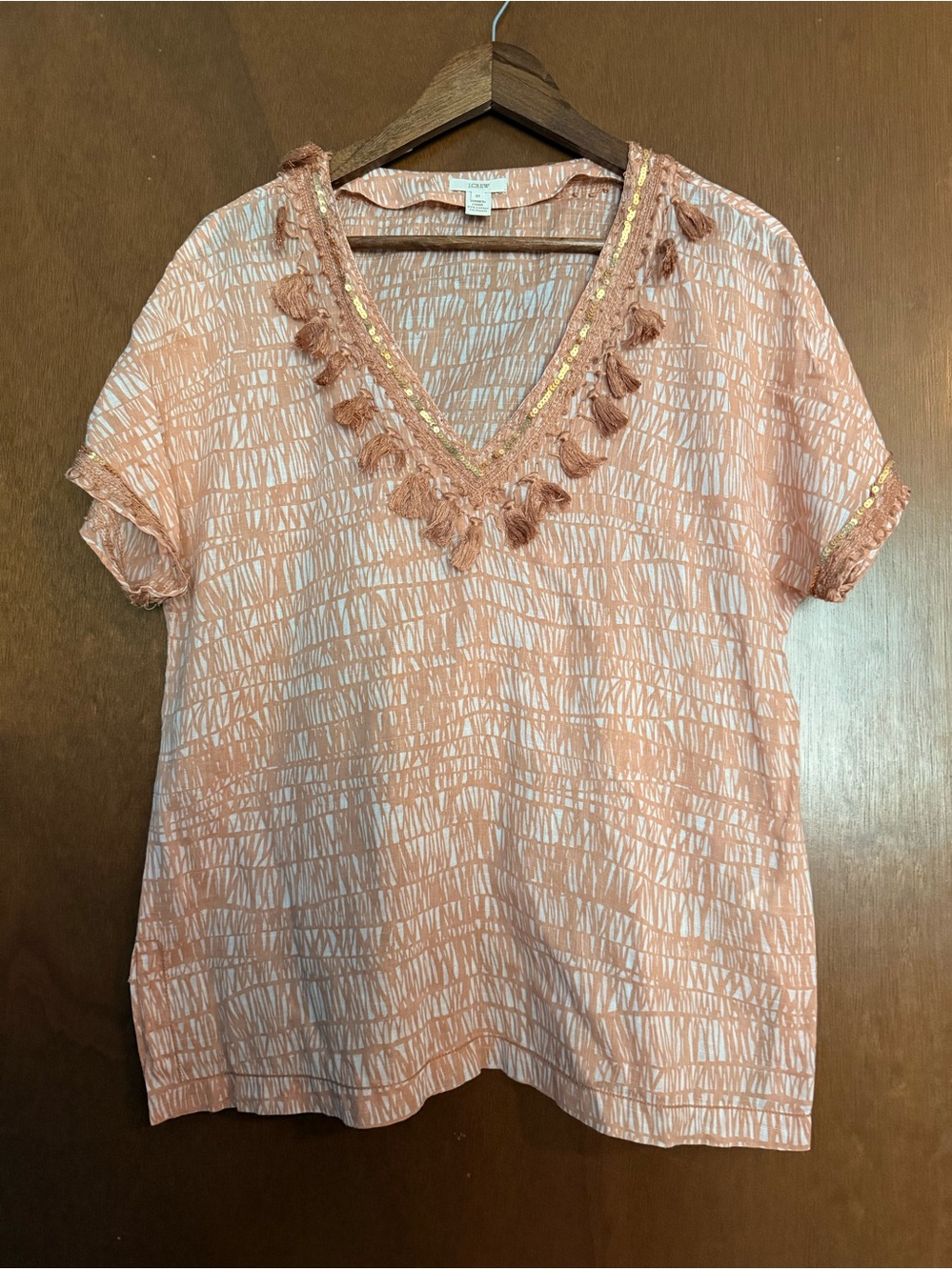 J Crew Pink Fringe Tassel V-Neck Short Sleeve Blouse